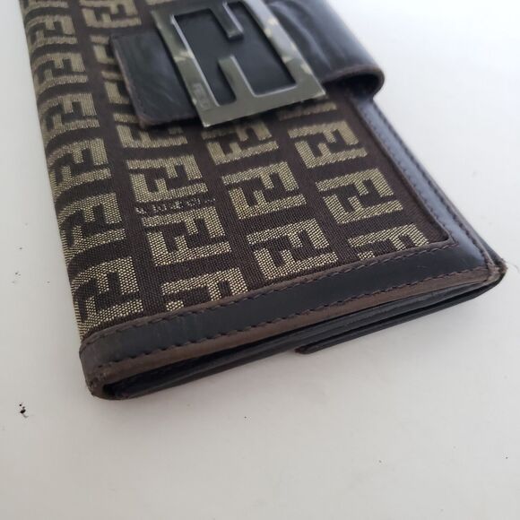 Fendi Zucca Vintage Wallet Canvas Leather Wallet Brown Purse Trifold Large Logo - Picture 13 of 13